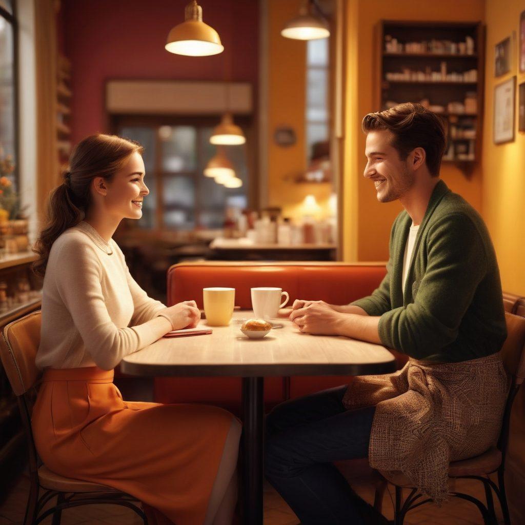 A heartfelt scene depicting a charming café where a mentor and mentee sit across from each other, sharing a warm smile with subtle romantic tension. The background should feature soft, ambient lighting with delicate shadows, and elements symbolizing mentorship such as books or a laptop. Incorporate hints of sugar, such as a sugar bowl or sweets on the table, to symbolize the sugar dating theme. The color palette should be warm and inviting. super-realistic. vibrant colors.