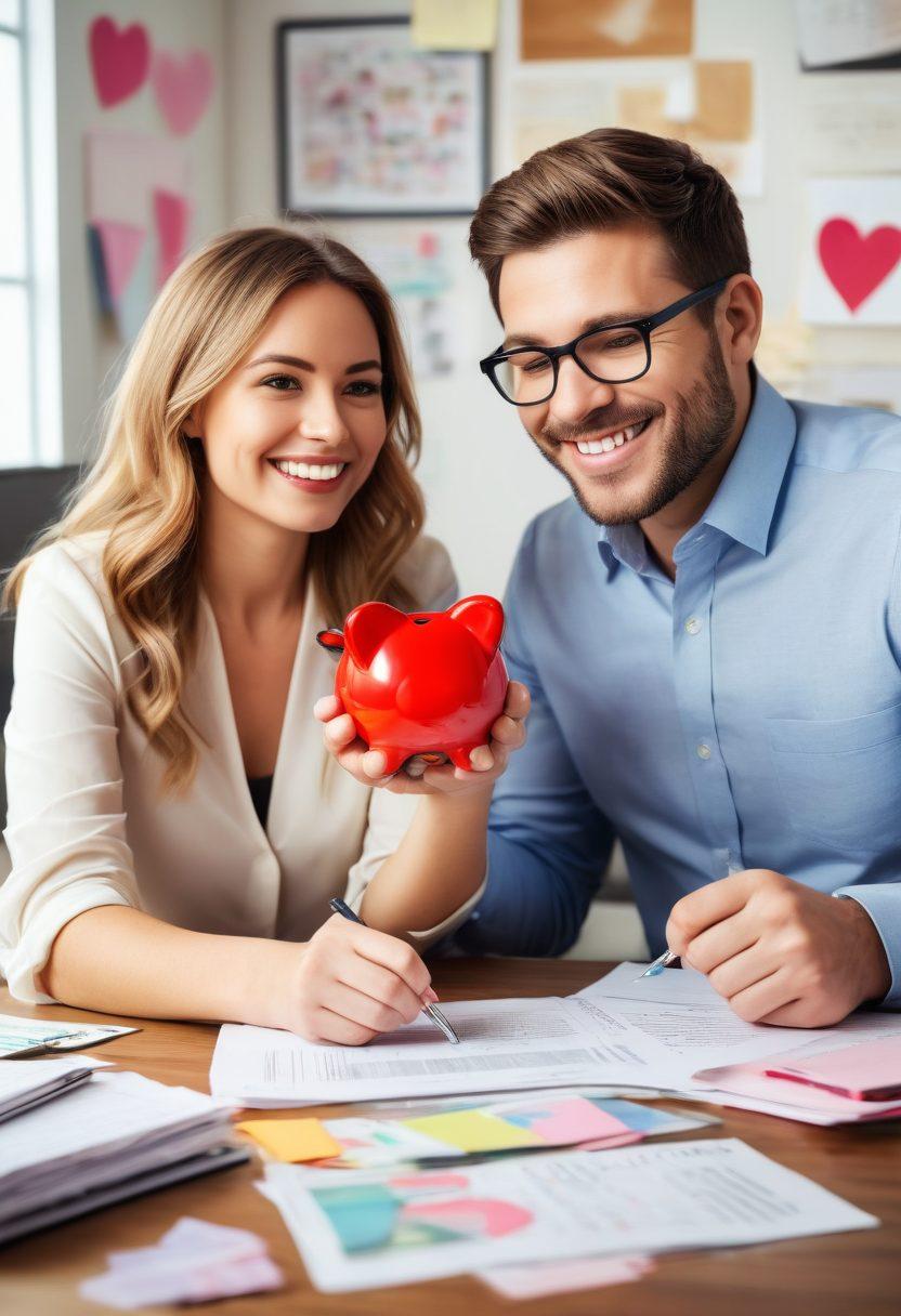 A couple joyfully collaborating at a modern desk, surrounded by financial documents and love notes. Their expressions should radiate trust and partnership, showcasing a blend of affection and financial wisdom. Incorporate elements such as a heart-shaped piggy bank and charts displaying wealth growth. The background should be warm and inviting, symbolizing harmony in finance and love. vibrant colors. super-realistic.