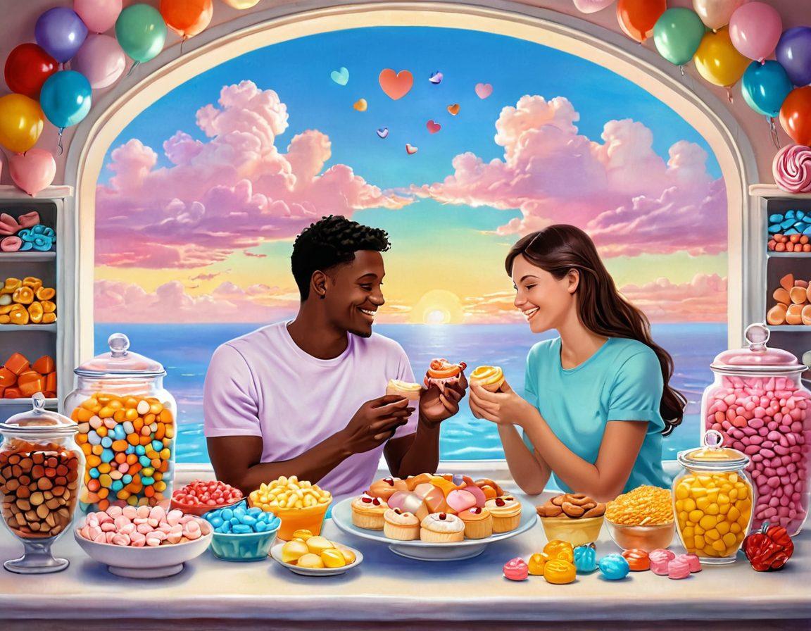 A warm, inviting scene of a couple happily sharing a treat, surrounded by jars of colorful candies and pastries, symbolizing sweetness in relationships. The background features soft pastel colors with heart motifs, creating a cozy atmosphere. Include whimsical elements like floating hearts and a dreamy sky to evoke affection and companionship. cartoonish style. vibrant colors.